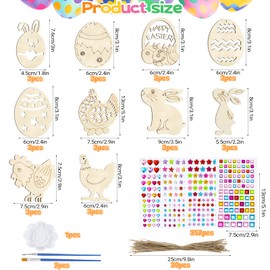 Yotako Easter Crafts Children, 415 Pieces Wooden Pendants Easter for Painting, Craft Set Easter with Brush Drawing Plate, DIY Easter Decoration, Easter Eggs, Rabbit, Chick for Children, Easter Gifts