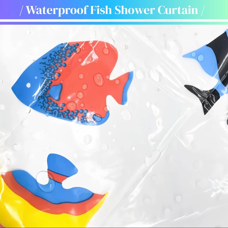 Clear Tropical Fish Shower Curtain Liner with Design, Lightweight Plastic