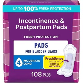Incontinence & Postpartum Pads for Bladder Leaks, 4 Drop Moderate Absorbency, Long Length, 108 Count, Packaging May Vary