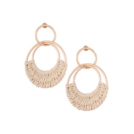 MINACHI Bohemian White Raffia Tassel Dangle Drop Hoop Earrings, Boho Hippie Summer Beach Jewelry Gift for Women