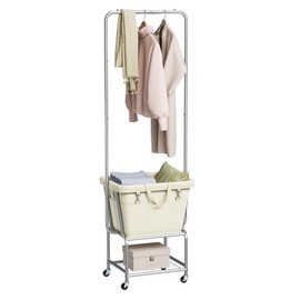 ELYKEN Laundry Cart with Hanging Rack, Rolling Laundry Hamper with Wheels, Laundry Basket with Removable Liner Bag and Shelf, Sturdy Metal Frame Dirty Clothes Basket for Hotel, Home, Closet, Dorm