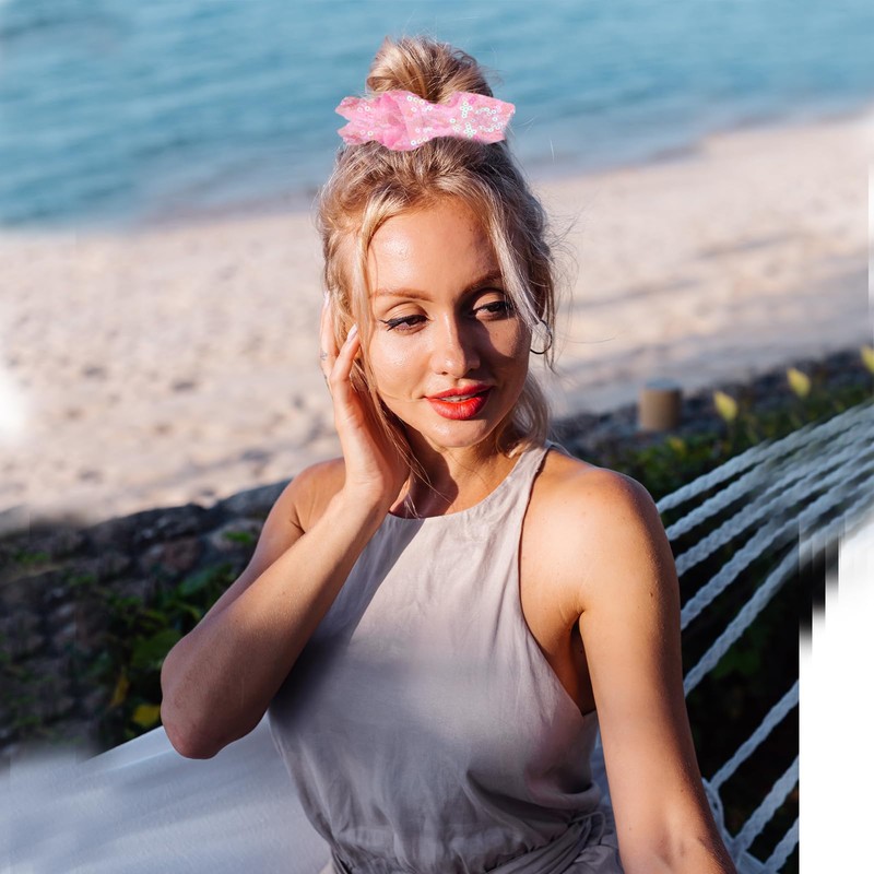 Embellished Sparkly Pink Crystal Scrunchie Hair Tie 2 Pack Pink