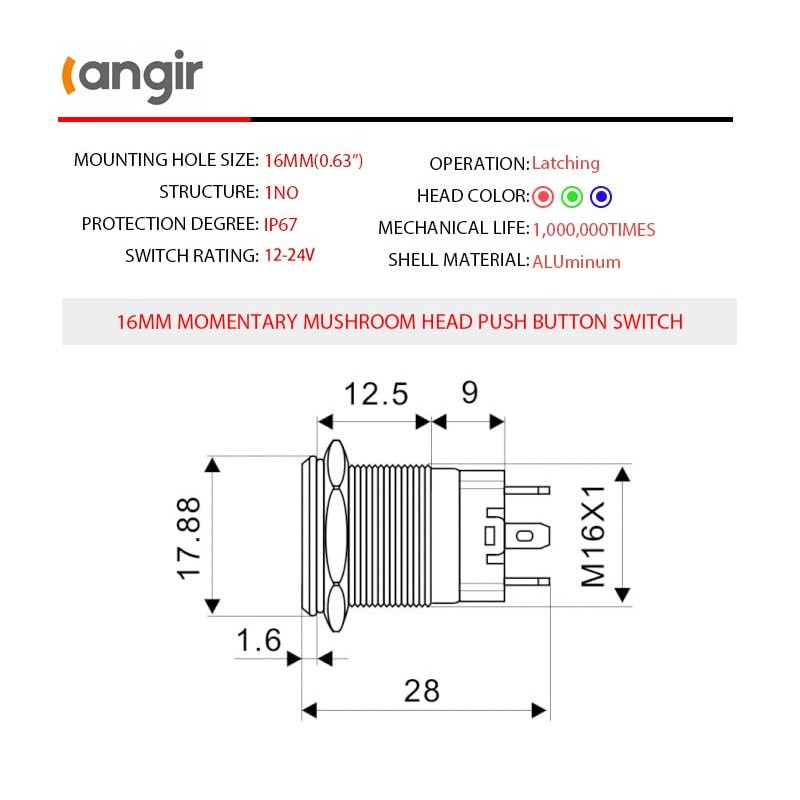 Langir 19mm Latching Push Button Switch 12V DC Waterproof On