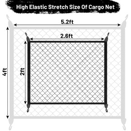 Omoojee Elastic Cargo Net for SUV, Net Stretchable 31.2" x 24" Stretch to 62.4" x 48", Rear Trunk Bed Netting Cover, Fixing Hooks D-Rings Luggage Cover
