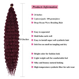 UPruyo Wine Red Boho Curly Braiding Hair Pre Stretched Deep Ocean Wave Crochet Hair Boho Braids 24 Inch 2 Packs Synthetic Havana Curls Wavy Braiding Hair 99j Bohemian Crochet Braids Hair Extensions