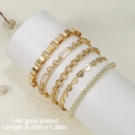 BOMAIL 5Pcs Gold Bracelets for Women-14K Gold Plated Stackable Bracelet Stack Adjustable Paperclip Chain Cuban Link Layered Bracelets Set Jewelry for Women