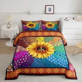 Castle Fairy Peace Sign Comforter Set,Bohemian Geometry Bedding Set for Kids Girls Women,Adults Colorful Stripes Comforter,Yellow Sunflowers Quilted Duvet Set Bedroom Collection Twin Size 2Pcs