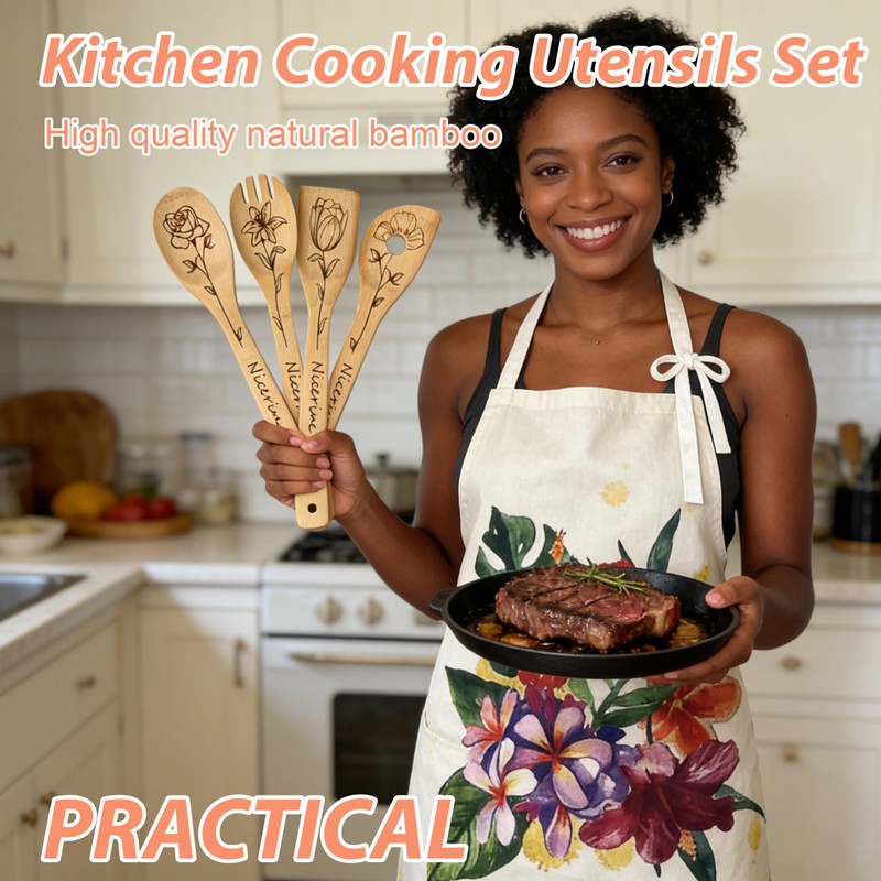 6PCS Bamboo Cooking Spoons,Lightweight & Durable Utensils Set include Unique