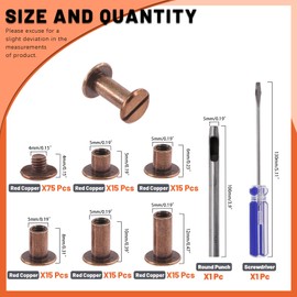 Tanstic 152 Pieces (75 Sets) Chicago Screws Assorted Kit, M5 x 5/6/8/10/12 mm Flat Head Leather Rivets Chicago Screws Binding Screw Posts Nail Rivet with Install Tool for Leather Crafts (Red Copper)