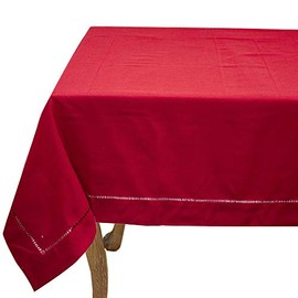 Fennco Styles Classic Solid Color Hemstitched Border 72 x 72 Inch Table Cloth for Dining Table, Dinner Parties, Wedding, Machine Washable, Red