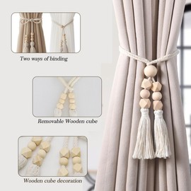 SanKristo Curtain Tiebacks 2 Pieces, Two Ways of Binding Boho Tassel Curtain Cord No Punching Adjustable Length with Wooden Cube Decoration, Hand-Woven Rope Curtain Ties Tie-Backs Accessories Beige