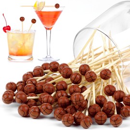 Aodaer 100 Pieces Basketball Bamboo Cocktail Picks 4.7 Inch Decorative Sports Ball End Cocktail Skewers Wooden Decorative Fruit Toothpicks Fruits Sandwich Buffets Party Supplies