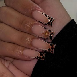 Rilafuvu Long Press on Nails Square Fake Nails Leopard French Tip Press on False Nails with 3D Flower Designs Acrylic Nails Long Square Full Cover Artificial Glue on Nails for Women 24Pcs