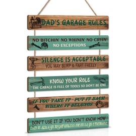 KAIRNE Dad’s Garage Rules Wall Plaque Green Vintage Father’s Day Gift Garage Shed Door Wall Plaque Birthday Gifts for Daddy Workshop Man Cave Sign Funny Home Repair Fix Wooden Decorations