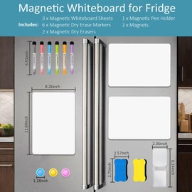 LISSCHANN Magnetic Whiteboard for Fridge, 3 Pack Magnetic Dry Erase Board Sheet Includes 6 Markers, 3 Magnets, 2 Erasers & Pen Holder, Small Erasable Refrigerator White Board 8" x 12", White