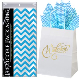 Flexicore Packaging White Kraft Paper Welcome Bags & Turquoise Gift Wrap Tissue Paper | Size: 8 Inch X 4.75 Inch X 10.5 Inch | Count: 5 Bags | Color: Turquoise Chevron