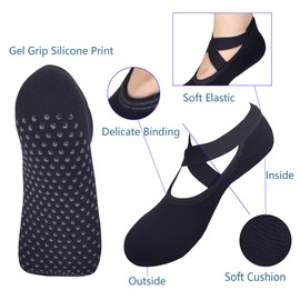 Toes&Feet 2-Pack Black Padded Cushion Barre Yoga Pilates Socks with Grips for Women Non Slip Ballet Grippy Socks with Strap,Size 4-9