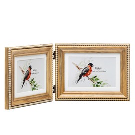 ibalux 5x7 Double Horizontal Hinged Picture Frame, Gold Brushing Bead Trim, Vintage Nature Pine Wood Grain with Real Glass, Matted to 4x6, Table Desktop Display Photo Frame