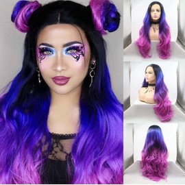 Colour Blue Ombre Dark Purple Rose Red Synthetic Wig for Women 4 Tones Heat Resistant Party Cosplay Drag Queen Wigs (Colour Blue Ombre Dark Purple Rose Red)