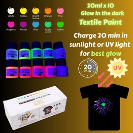 Artme Glow in the Dark Textile Paint 20ml x10pcs – Fabric Paint Set for T-Shirts, Canvas Bags and Shoes, Cotton, Denim and More – Permanent, Luminous Colours for DIY Crafts and Clothing