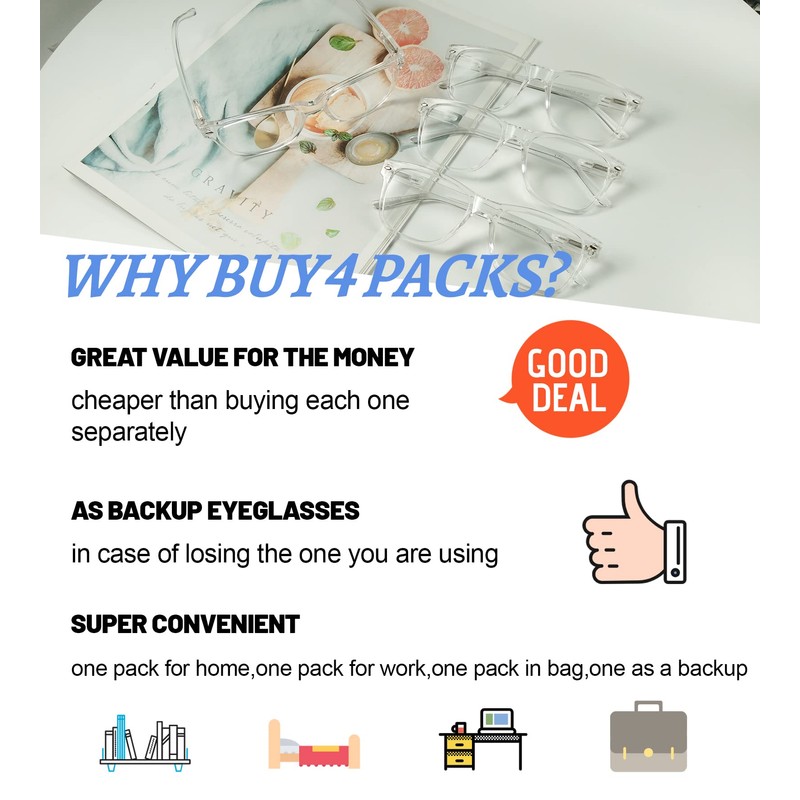 WEMOOTANTS Reading Glasses 1.75 for Women 4 Pack Large Square