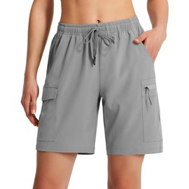 Ksmien Women's 7" Hiking Cargo Shorts Lightweight Quick Dry Ladies Summer Shorts with Zipper Pockets for Travel Golf Lightgrey