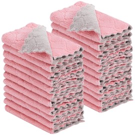 Paquete de 22 paños de cocina reutilizables, antiadherentes, lavables, de secado rápido, paños de limpieza de terciopelo coral superabsorbentes para limpiar vajillas, cocina, baño (gris-rosa, 10 x 6 pulgadas)