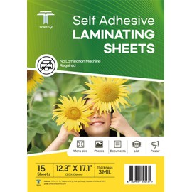 T TORTO9 Easy Peel & Stick Self Adhesive Laminating Sheets, 12.3 x 17.1 Inches, 15-Pack, 3mil Thickness, Menu Size, Machine-Free, Waterproof, Clear Glossy Finish, for Large Documents and Crafts