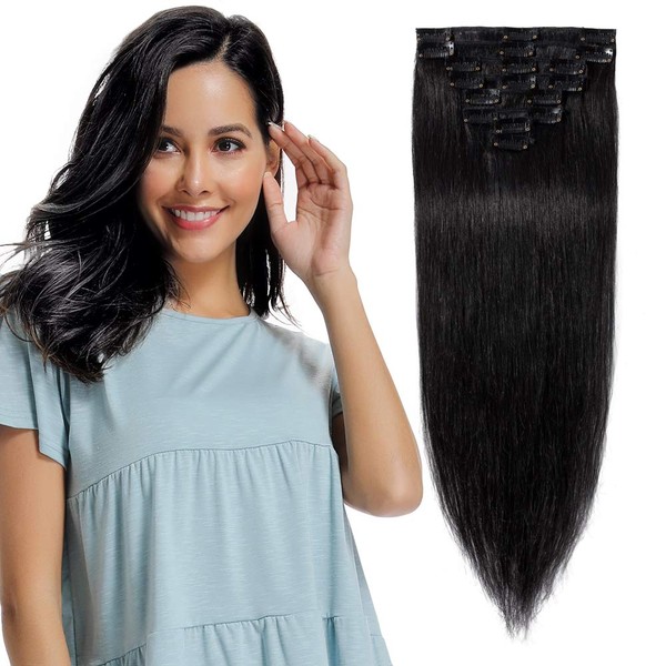 Clip-In Real Hair Extensions Remy Real Hair Thin 8 Braids and 18 Clips 55 cm - 75 g (#1 Black)
