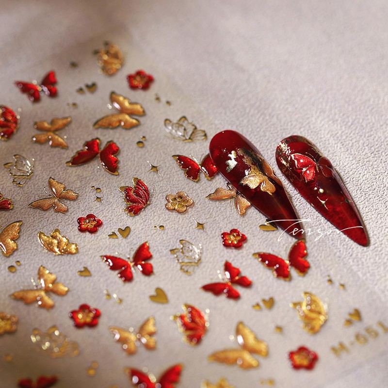 5D Embossed Butterfly Nail Art Stickers - Red & Gold