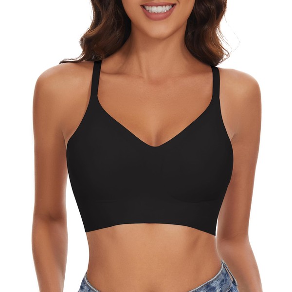 WOWENY Seamless Bra Without Underwire Women's Bralette Padded Comfortable Non-Wired T-Shirt Bra Pull-On Bra Crossback Comfortable Soft Bustier, black
