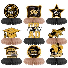 Class of 2025 Graduation Decorations Honeycomb Centerpiece, 9pcs Gold and Black Graduation Table Decorations, Congrats Grad Centerpieces for Tables