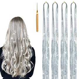 TSUWNO Silvery Colours Hair Tinsel 4 Pieces, Hair Extensions with Tools, Hair Tinsel Glitter, Hair Extension Glitter, Hair Extensions for Party, Music Festival Hair Flairs
