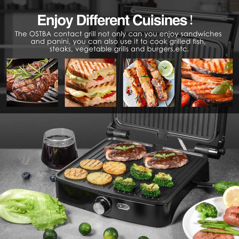 OSTBA Panini Press Grill with Adjustable Temperature, 4-Slice Indoor Grill,