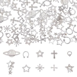 NICENEEDED 100PCS Star Nail Charms, Sliver Cross Nail Art Charms Planets Charm, Punk Nail Jewelry Metal Nail Decoration