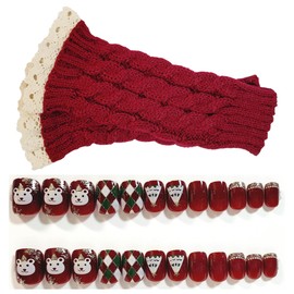 Press On Nail and Cable Knit With Lace Fingerless Glove Gift Set (Burgundy, Extra Short Square)