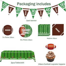 66Pcs Football Themed Party Supplies, Includes Paper Plates, Napkins, Football Cupcake Toppers, Banner and Touchdown Tablecloth for Football Gameday Party Decorations (Brown)