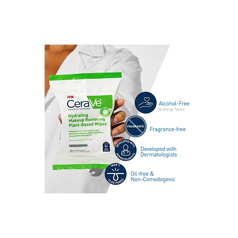 CeraVe Hydrating Facial Cleansing Makeup Remover Wipes Plant Based Face