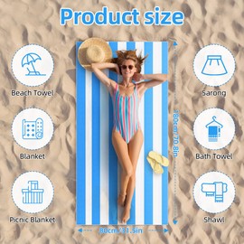 Ainiv Beach Towel, Beach Towel, Large, 80 x 180 cm, Striped Beach Towel/Bath Towel, Soft Sports Yoga Towel with Bag, Quick-Drying Microfibre Pool Towel for Bathroom, Travel, Sports, Light Blue