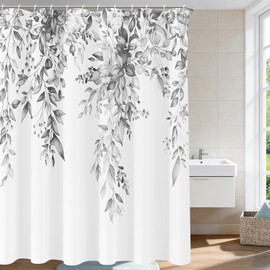 Grey Shower Curtain Gray Eucalyptus Shower Curtains for Bathroom Watercolor Gray Leaves Plants Floral Bathroom Bathtub Curtains Black and White Aesthetic Fabric Shower Curtain Sets 72x72 in with Hooks