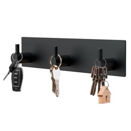 VIS'V Magnetic Key Holder Wall Mount, Metal Adhesive Key Hanger with 3 Hooks, No Drilling, 2 Mount Options, Black, Small