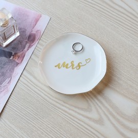 HOME SMILE Mrs Ring Dish, Engagement&Wedding Gifts for Women, Bridal Shower Present,Ceramic Jewelry Tray, 4.5"