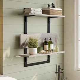 Bestier Floating Shelves for Wall, 24 inch Kitchen Shelves Wall Mounted, 3 Tier Coffee Bar Shelf with Foldable Brackets, Industrial Display Shelf for Bathroom, Living Room, Retro Grey