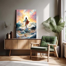 KYHDCJUB Jesus Walking On Water Wall Art Christian Spiritual Painting Wall Decor Jesus Christian Picture Prints Religious Prints Artwork for Living Room Bedroom Church Decor 12x16 Inch Ready to Hang