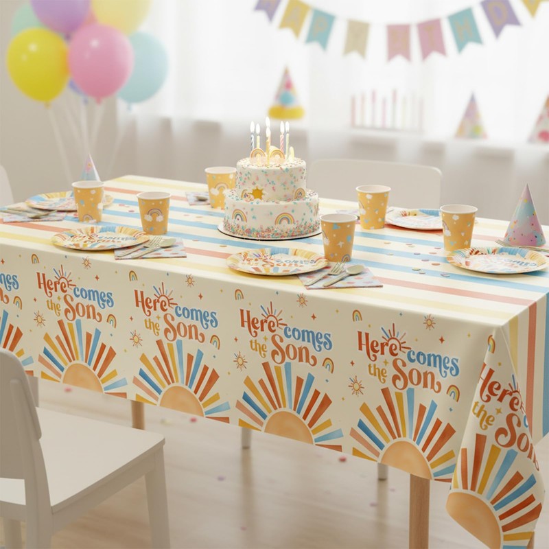 3Pcs Here Comes The Son Baby Shower Decorations Tablecloths Plastic