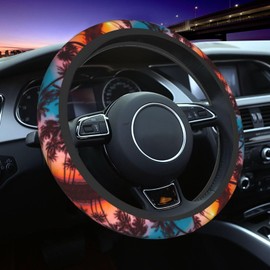 Palm Trees Sunset Beach Tropical Hawaii Steering Wheel Cover Car Accessories Cute for Women Girls Girly Universal 15 Inch Neoprene Auto Interior Decor Anti Slip Car Truck Protector