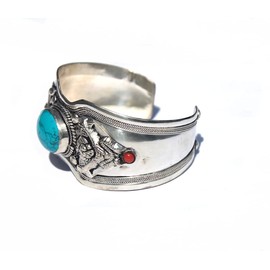 Single Stone Blue Stabilized-Turquoise Adjustable Cuff Bracelet with Decorative Notched Band | Jewelry for Men & women