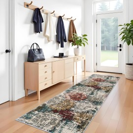 BYYVOO 3x10 Runners for Hallways - Kitchen Runner Rugs Non Skid Washable Low Pile Beside Runner Rugs with Rubber Backing Floor Mat Indoor Rug for Entryway 3x10 Red Green Multi