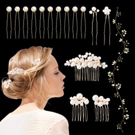 JIEYUMAO Wedding Hair Accessories, 16Pcs Bridal Hair Clip with Wedding Hair Vine, Gold Bridal Hair Accessories for Women, 19.7 Inch Crystal Bridals Headpieces for Brides Bridesmaids