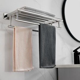 RTCUL Towel Rack with Shelf 20 Inch Double Towel Racks for Bathroom Polished Chrome Bath Towel Holder SUS304 Stainless Steel Towel Rack Wall Mounted Modern Towel Hanger